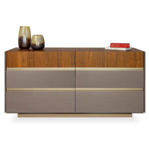 Bella Clara six drawer double dresser with walnut veneer and grey detailing, made in Italy